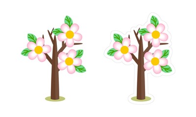 Vector cartoon patch of blooming spring tree. Cute bare tree icon with pink flowers, isolated on white background