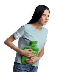 Woman using hot water bottle to relieve abdominal pain on white background