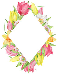 Watercolor frame of first spring flowers isolated on the white background. Yellow and pink tulips, daffodils template.