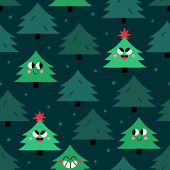 Winter seamless vector pattern with festive forest. Winter forest with decorative fir trees and Christmas tree characters on the dark green background.