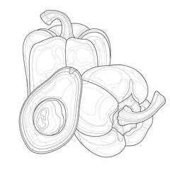 Bell pepper and avocado. Vegetables.Coloring book antistress for children and adults. Illustration isolated on white background.Zen-tangle style.