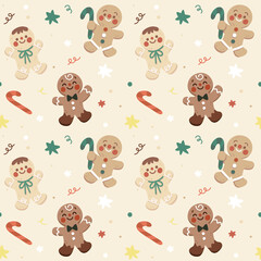 Seamless vector gingerbread cookies pattern. Gingerbread men cookies with stick candies and stars on the beige background for Christmas. Pattern for holiday wrapping paper, textile, etc.