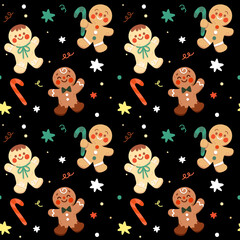Seamless bright gingerbread cookies pattern. Gingerbread men cookies with stick candies and stars on the black background for Christmas.