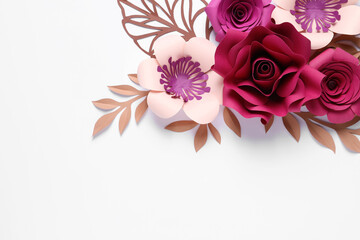 Different beautiful flowers and branches made of paper on white background, top view