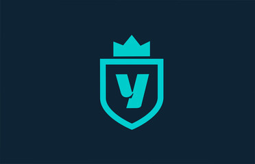 Y blue shield alphabet icon logo for company with letter. Creative design for corporate and business with king crown