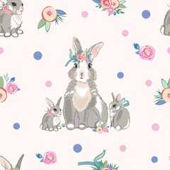 Vector seamless pattern family of rabbits, bunnies. Mom bunny in a flower wreath with children. Delicate pattern, the arrival of spring, Easter, summer. Design for printing on textiles, packaging.