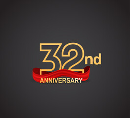 32 anniversary logotype design with line golden color and red ribbon isolated on dark background can be use for celebration, greeting card and special moment event