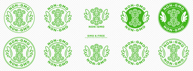 A set of conceptual stamps for packaging products. Labeling - non gmo. Stamp with a flat icon of molecule of genetically modified organism with wings - a symbol of the liberated, free. Vector  element