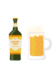 Green beer bottle with label and glass mug beer alcohol drink vector illustration on white background