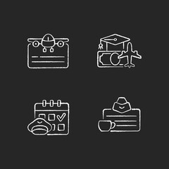 Aviation chalk white icons set on black background. Pilot training financing. Flight scheduling. Flight attendant license. Safety flights guarantee. Isolated vector chalkboard illustrations