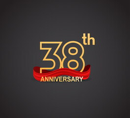 Fototapeta na wymiar 38 anniversary logotype design with line golden color and red ribbon isolated on dark background can be use for celebration, greeting card and special moment event