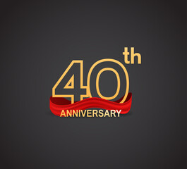 Fototapeta na wymiar 40 anniversary logotype design with line golden color and red ribbon isolated on dark background can be use for celebration, greeting card and special moment event