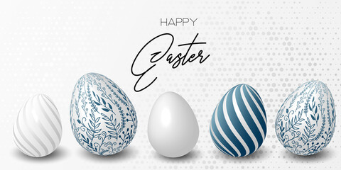 Happy easter template with blue, white rustic floral eggs, dotted background. Vector illustration. Design layout for invitation, card, menu, flyer, banner, poster, voucher. Elegant design