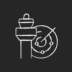 Air traffic control chalk white icon on black background. Radar and control tower. Air traffic controller profession. Silhouette symbol on white space. Isolated vector chalkboard illustration
