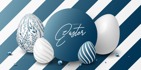 Happy easter template with blue, white rustic floral eggs, dotted background. Vector illustration. Design layout for invitation, card, menu, flyer, banner, poster, voucher. Elegant design