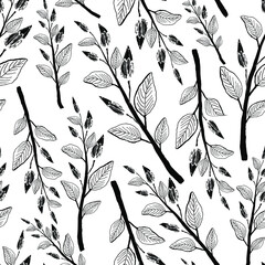 Hand drawn flower, leaves and branches on a white background. Monochrome floral vector seamless pattern.