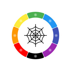 A large black spider web symbol in the center, surrounded by eight white symbols on a colored background. Background of seven rainbow colors and black. Vector illustration on white background