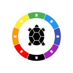 A large black turtle symbol in the center, surrounded by eight white symbols on a colored background. Background of seven rainbow colors and black. Vector illustration on white background
