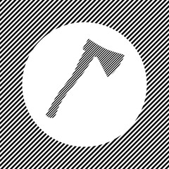 A large ax symbol in the center as a hatch of black lines on a white circle. Interlaced effect. Seamless pattern with striped black and white diagonal slanted lines