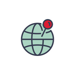 pin on globe icon, color, line, outline vector sign, linear style pictogram isolated on white. Symbol, logo illustration