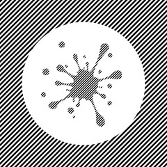 A large blot symbol in the center as a hatch of black lines on a white circle. Interlaced effect. Seamless pattern with striped black and white diagonal slanted lines
