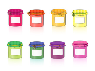 Jars with blank labels. Colorful set of canning jars for fruits, jam and vegetables in screw glasses. Isolated vector illustration on white background.
