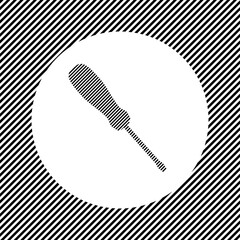 A large screwdriver symbol in the center as a hatch of black lines on a white circle. Interlaced effect. Seamless pattern with striped black and white diagonal slanted lines