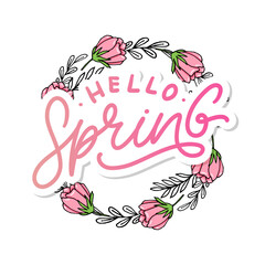 Hello Spring Flowers Text Background Frame lettering slogan