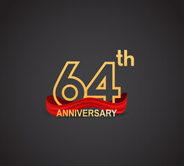 64 anniversary logotype design with line golden color and red ribbon isolated on dark background can be use for celebration, greeting card and special moment event