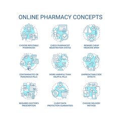 Online pharmacy concept icons set. Online medication order steps idea thin line RGB color illustrations. Buying drugs. Safe online pharmacy signs. Vector isolated outline drawings. Editable stroke