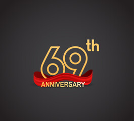 Fototapeta na wymiar 69 anniversary logotype design with line golden color and red ribbon isolated on dark background can be use for celebration, greeting card and special moment event