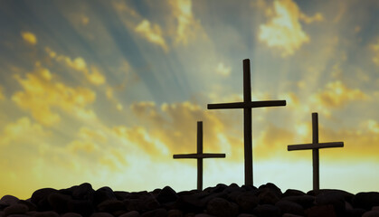 Sunrise Crucifixion of Jesus Christ. Three Original natural wood Cross on Stone Hill 