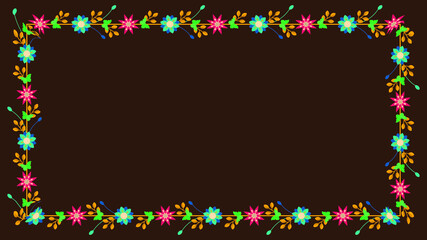 Rectangular frame with floral motifs in flat style on brown background