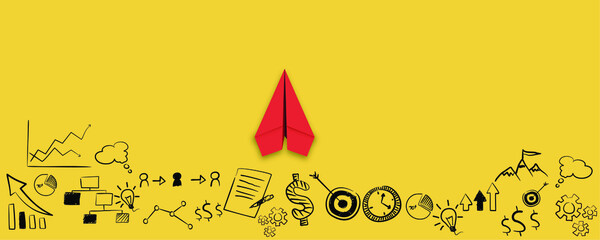 Business concept concept vector illustration red paper airplane on yellow background written diagram business concept Business planning and goals can be used for landing pages, UI templates, web home 