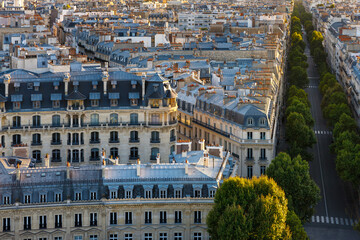 Elevated view of Paris 16th arrondissement with its haussmannian buildings, rooftops and tree-lined Victor Hugo Avenue. France - obrazy, fototapety, plakaty