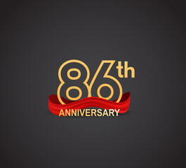 86 anniversary logotype design with line golden color and red ribbon isolated on dark background can be use for celebration, greeting card and special moment event
