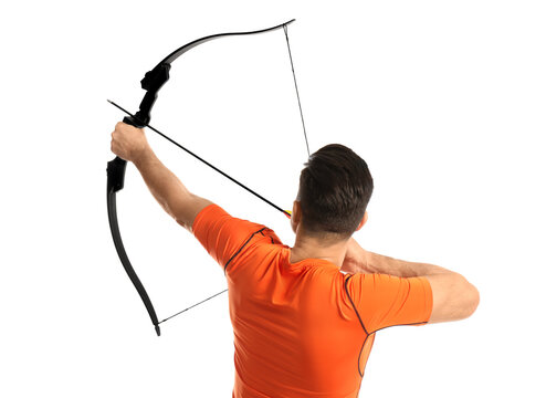 Man with bow and arrow practicing archery on white background, back view
