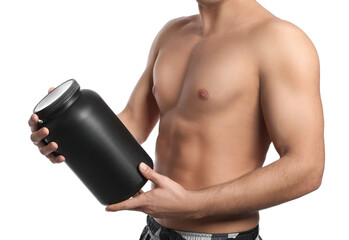 Athletic man with big black jar on white background, closeup. Doping concept