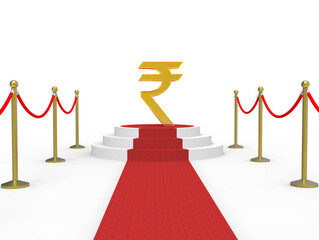 Indian Rupee symbol on a red carpet stage - 3D illustration