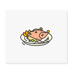 Samgyetang color icon. Traditional korean dish. Asian food of ginseng chicken soup with rice and garlic. Korean cuisine concept. Isolated vector illustration