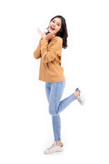 Portraits of young Asian women. Showing a shocked expression, a beautiful girl with a sense of self-confidence, good looking, happy isolated on a white background.