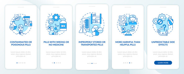 Unregistered pharmacies threats onboarding mobile app page screen with concepts. More harmful than helpful walkthrough 5 steps graphic instructions. UI vector template with RGB color illustrations