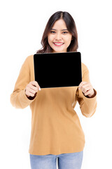 Portrait of Asian woman showing or presenting tablet computer on hand over white background,
