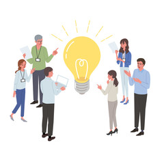 ビジネスイメージ　人物と電球　アイディアのイラスト　アイソメトリック
