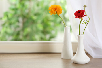 Beautiful fresh ranunculus flowers on window sill indoors