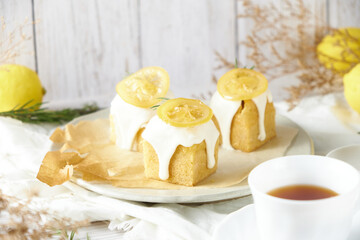 Lemon Cube pound cake set on cafe table.