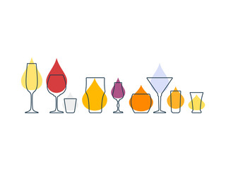 Modern abstract illustration with glass with color blob. Linear outline sign. Logo illustration on white background. Contour symbol. Vodka red wine tequila martini champagne whiskey beer liquor rum