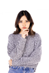 Portraits of young Asian women. Is contemplating, wondering, headache with anxious, not happy, beautiful woman with unconfidence, beautiful on a white background.