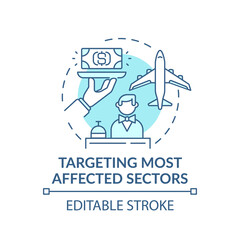 Targeting most affected sectors concept icon. Economic development companies idea thin line illustration. Increasing economic goals. Vector isolated outline RGB color drawing. Editable stroke