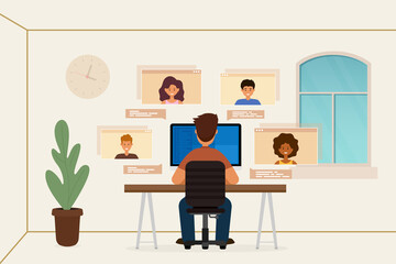 Young man sitting home at video chatting with friends online.  Videoconference with colleagues. Vector illustration in flat style.